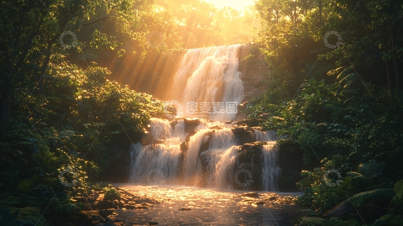 高清大图下载【趣麦麦图】阳光森林瀑布