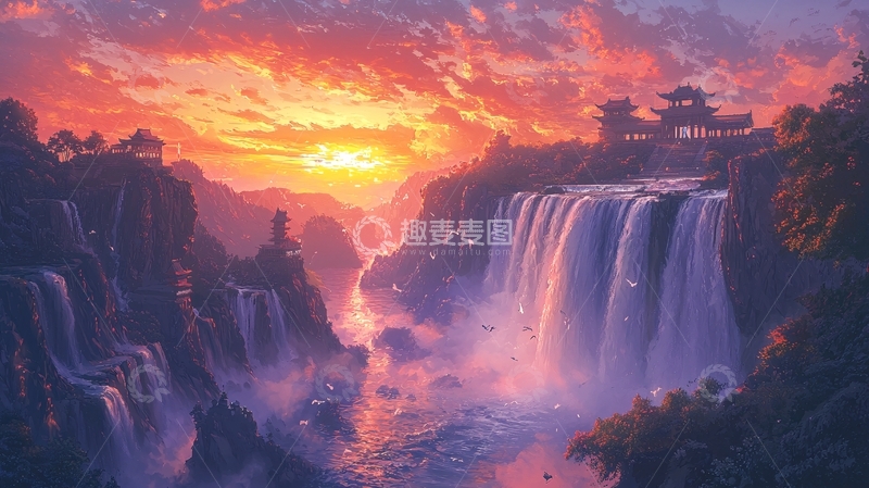 高清大图下载【趣麦麦图】日落瀑布仙境