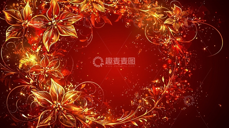 高清大图下载【趣麦麦图】红色花朵金色花纹背景