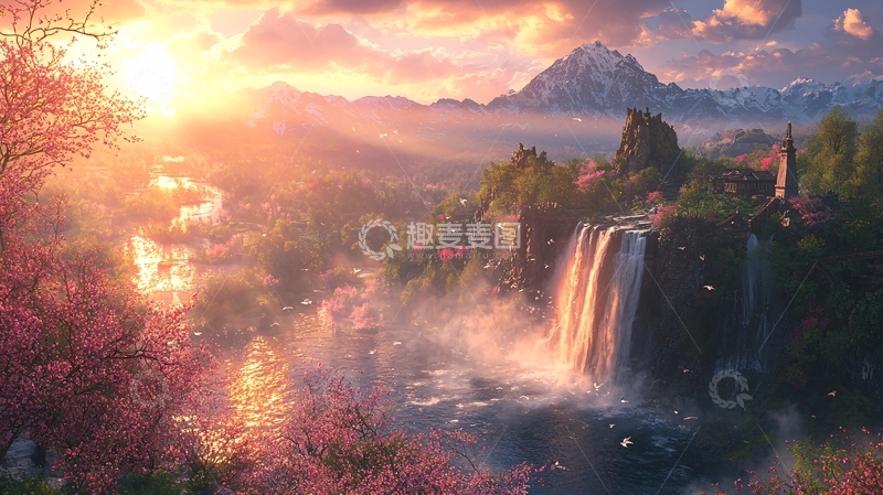 高清大图下载【趣麦麦图】日出山峰瀑布仙境