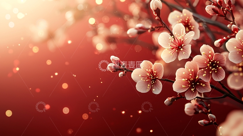 高清大图下载【趣麦麦图】红棕色背景下的粉白杏花
