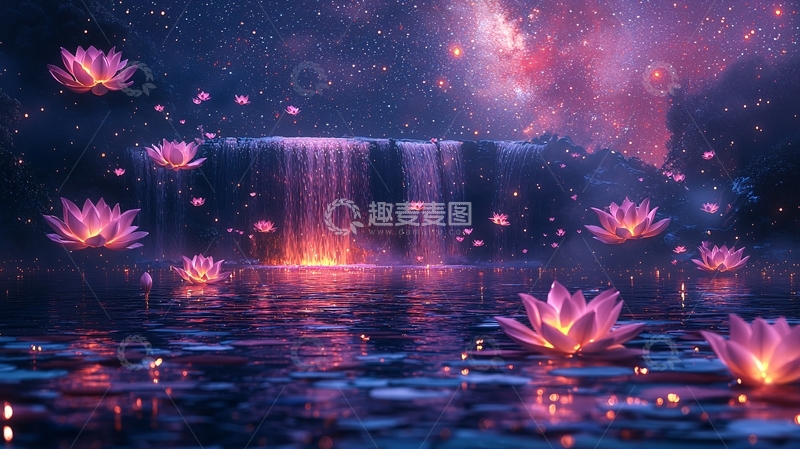 高清大图下载【趣麦麦图】梦幻星空瀑布莲花
