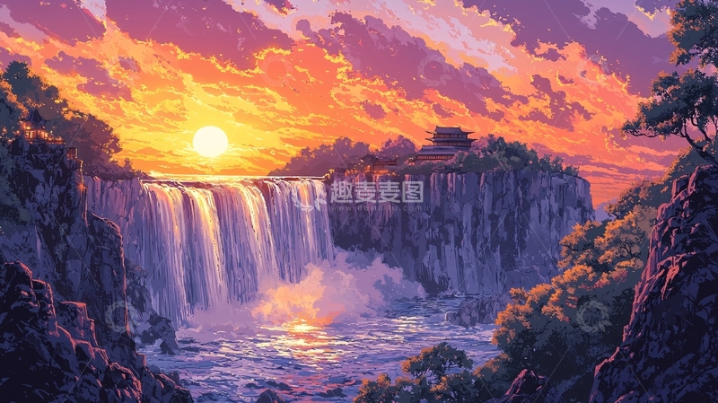 高清大图下载【趣麦麦图】壮丽瀑布夕阳美景