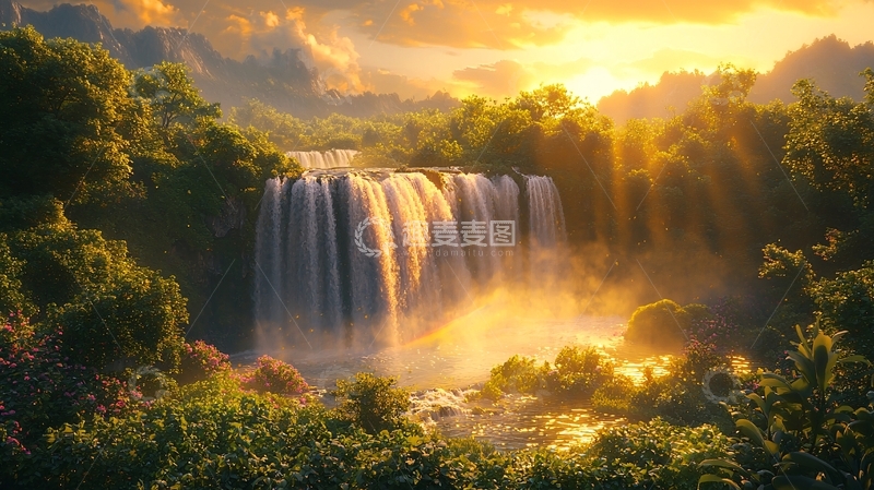 高清大图下载【趣麦麦图】日出瀑布森林景色