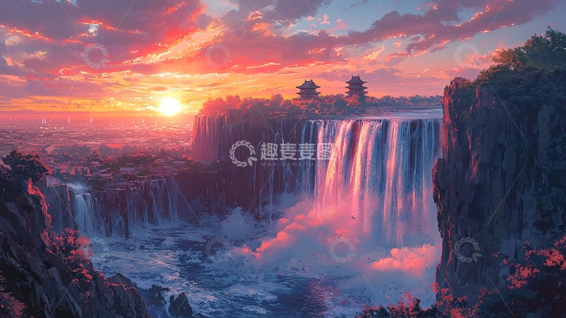 高清大图下载【趣麦麦图】壮丽日落下的瀑布美景
