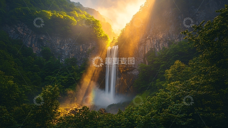 高清大图下载【趣麦麦图】山谷瀑布彩虹日出