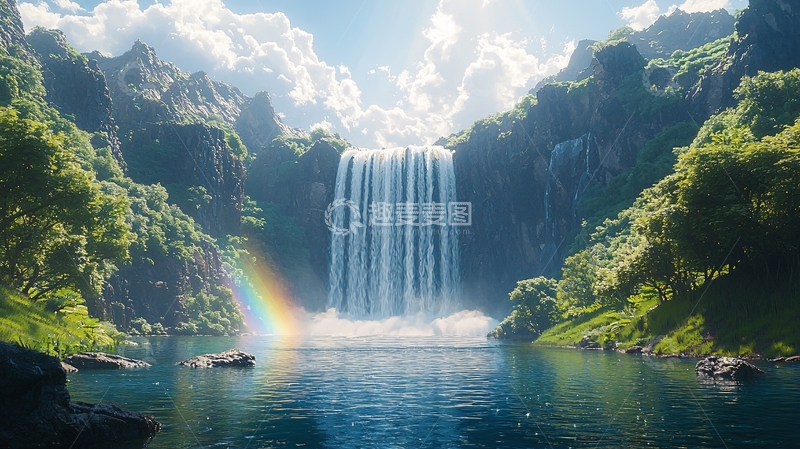 高清大图下载【趣麦麦图】山谷瀑布彩虹风景