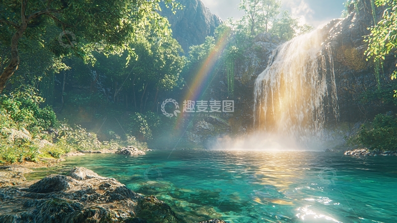 高清大图下载【趣麦麦图】阳光森林瀑布