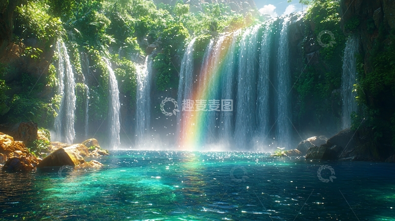 高清大图下载【趣麦麦图】清澈瀑布彩虹美景