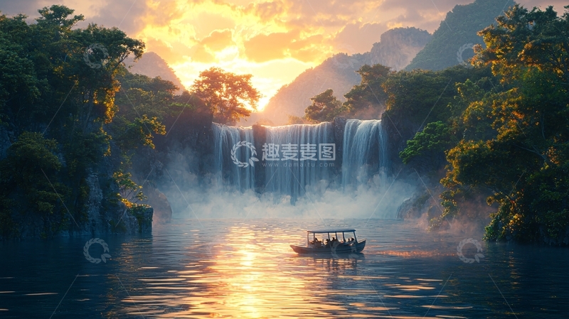 高清大图下载【趣麦麦图】日出瀑布飞流直下
