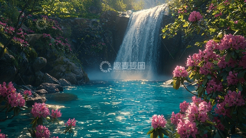 高清大图下载【趣麦麦图】瀑布流水鲜花绿植环绕