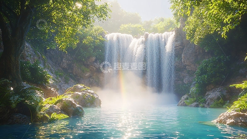 高清大图下载【趣麦麦图】阳光森林瀑布