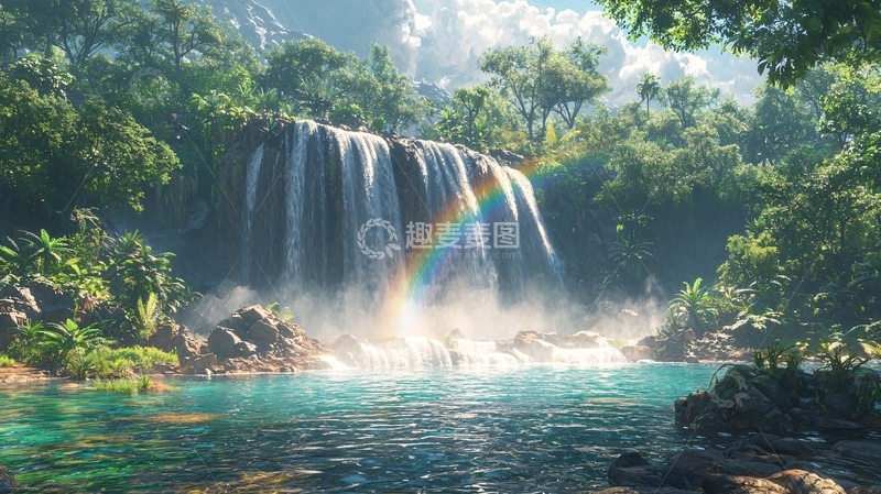 高清大图下载【趣麦麦图】热带雨林中的瀑布彩虹