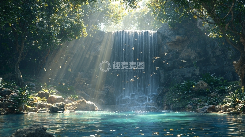 高清大图下载【趣麦麦图】阳光森林瀑布