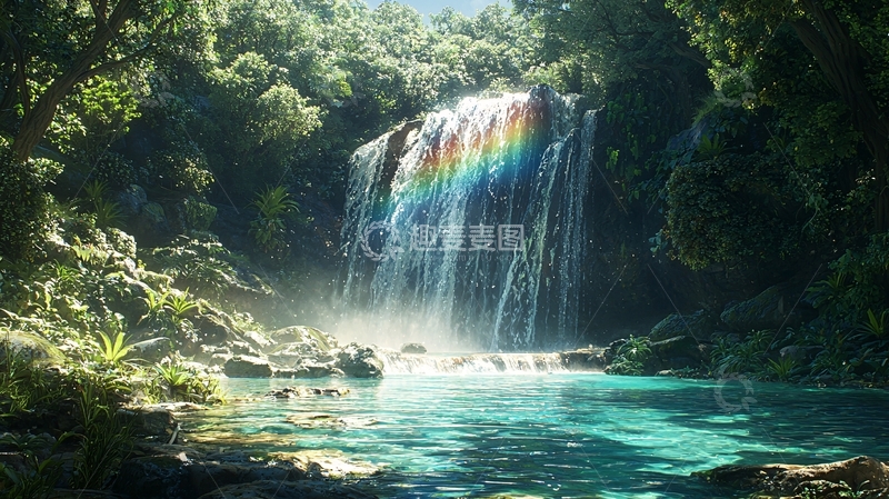 高清大图下载【趣麦麦图】热带雨林瀑布彩虹景色