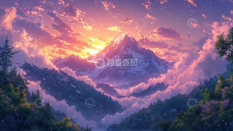 高清大图下载【趣麦麦图】高山云雾缭绕的唯美日落