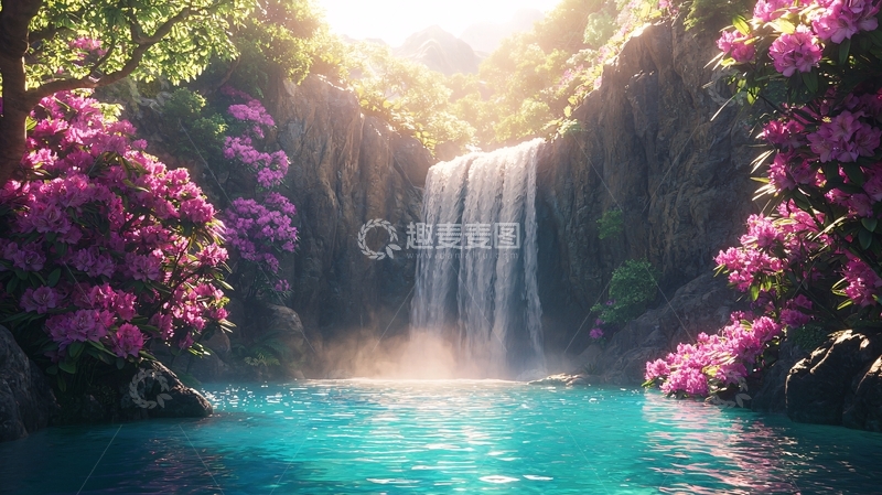 高清大图下载【趣麦麦图】唯美瀑布水潭花丛