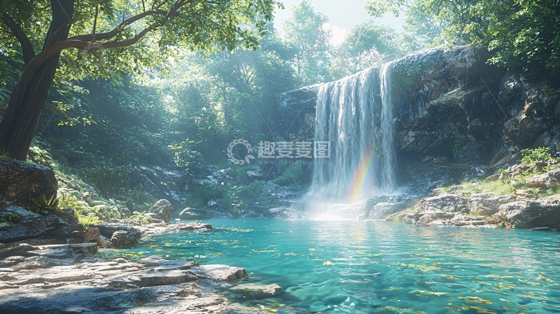 高清大图下载【趣麦麦图】阳光森林瀑布