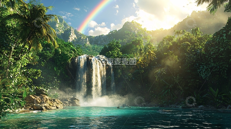 高清大图下载【趣麦麦图】热带雨林瀑布彩虹风景