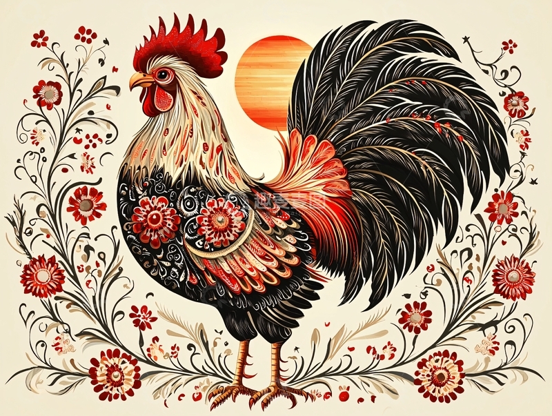 高清大图下载【趣麦麦图】公鸡日出花卉图案