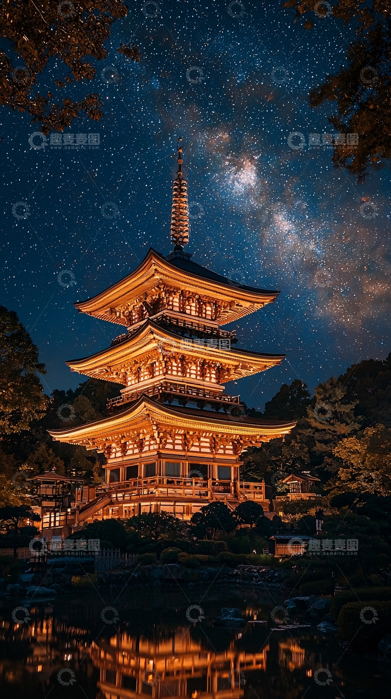 高清大图下载【趣麦麦图】夜空下的金碧辉煌宝塔
