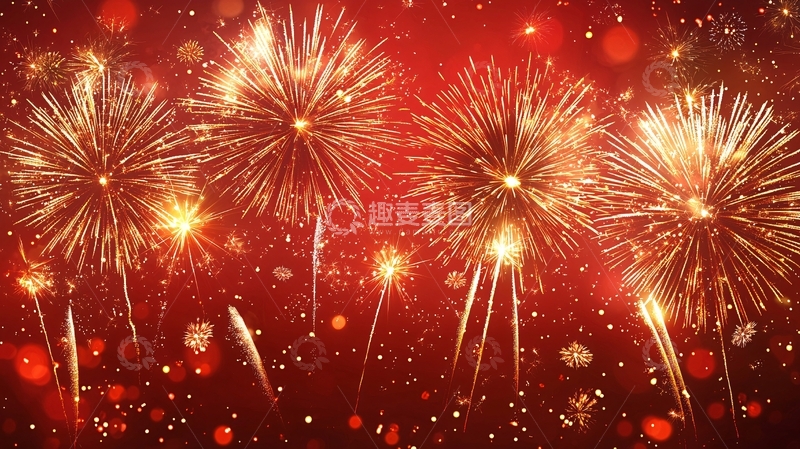高清大图下载【趣麦麦图】红色背景金色烟花