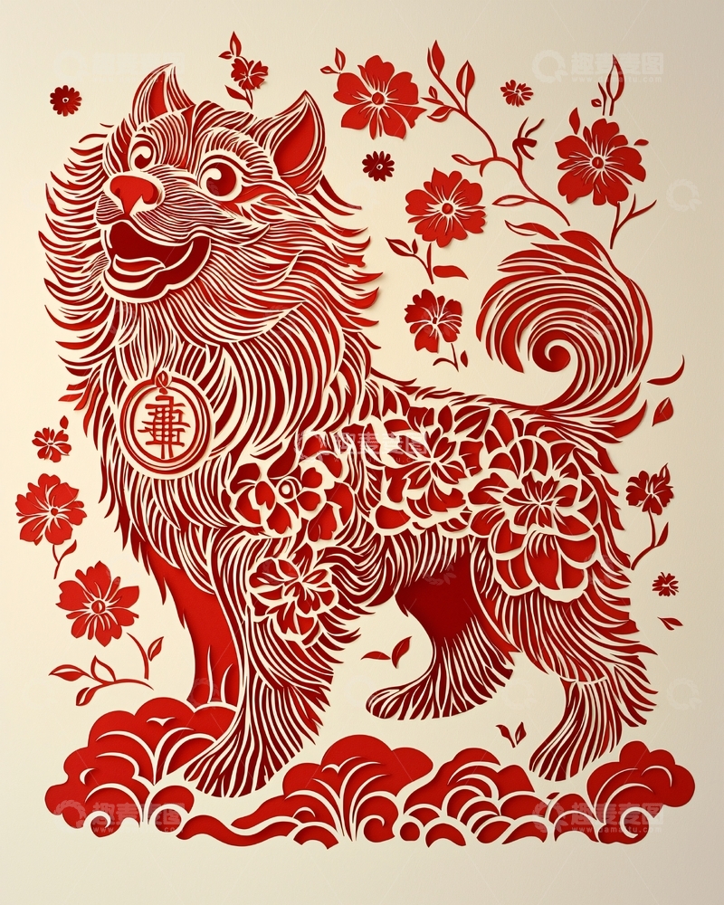 高清大图下载【趣麦麦图】红色剪纸狗