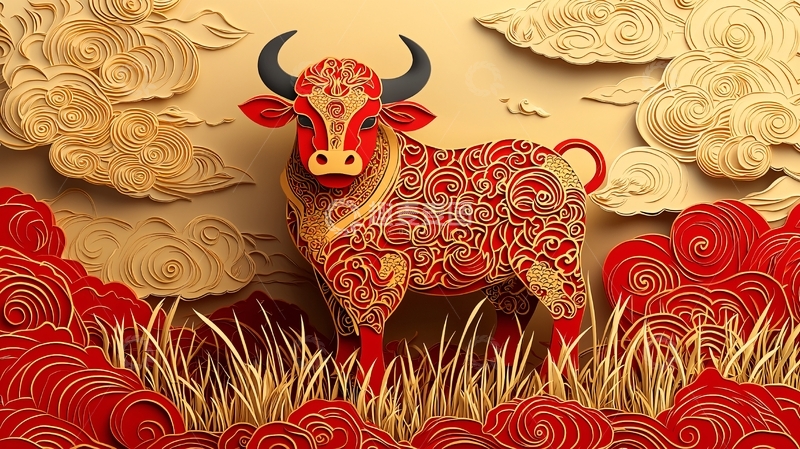 高清大图下载【趣麦麦图】红色剪纸风牛年春节背景