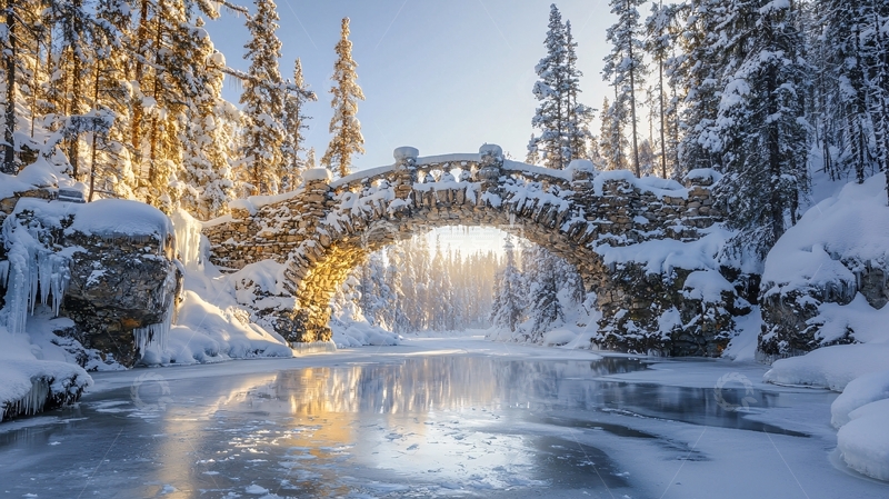 高清大图下载【趣麦麦图】冰雪森林古桥