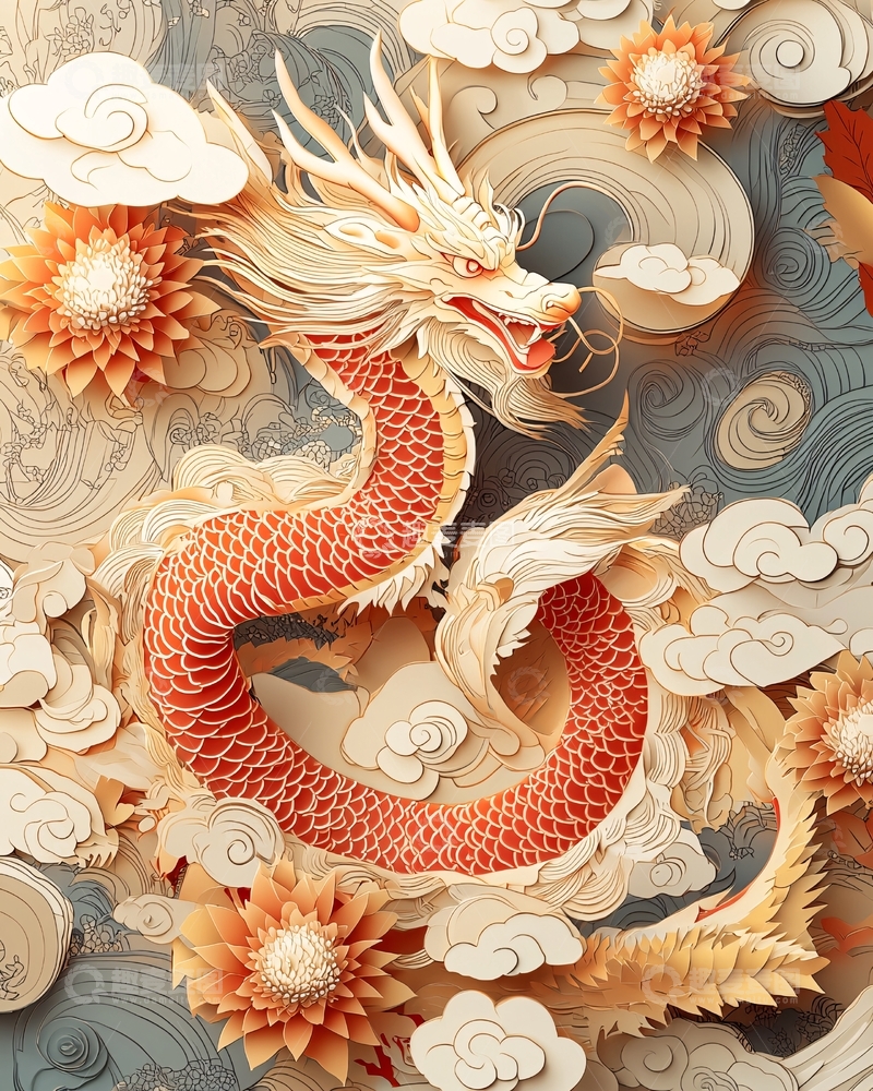 高清大图下载【趣麦麦图】祥云瑞龙剪纸风格