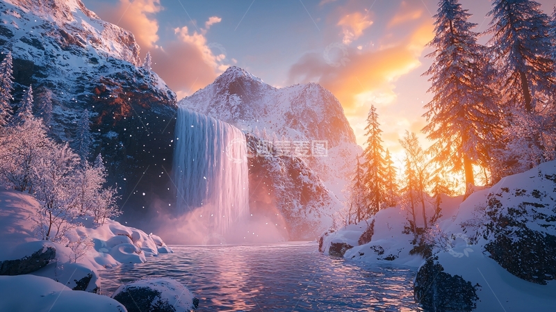 高清大图下载【趣麦麦图】冬日雪山瀑布日出