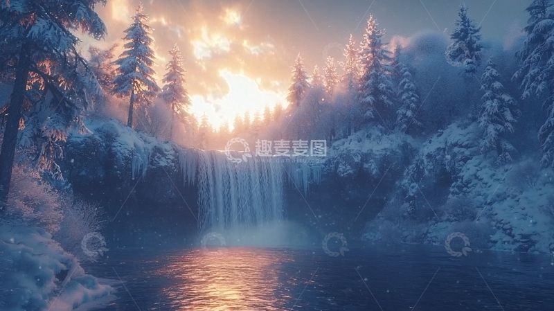 高清大图下载【趣麦麦图】冰雪瀑布日落