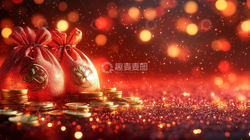 高清大图下载【趣麦麦图】红色中国结钱袋金币
