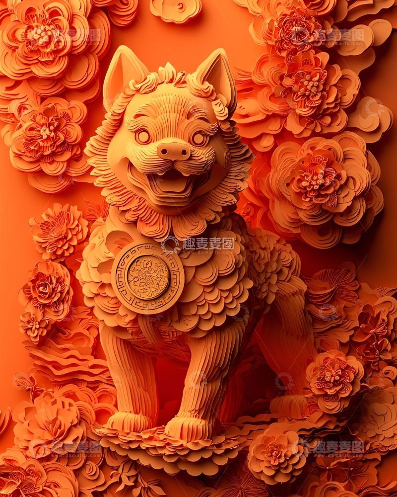 高清大图下载【趣麦麦图】橘色花朵背景下的卡通小狗