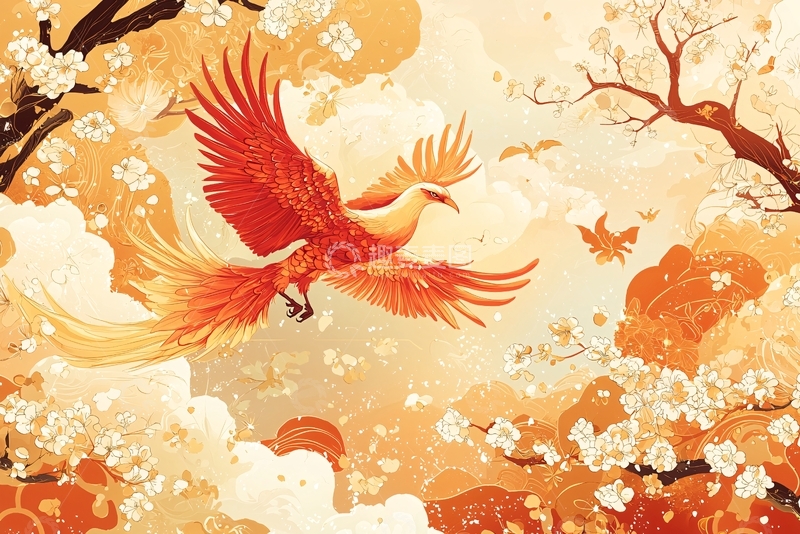 高清大图下载【趣麦麦图】祥瑞火凤凰飞翔樱花树
