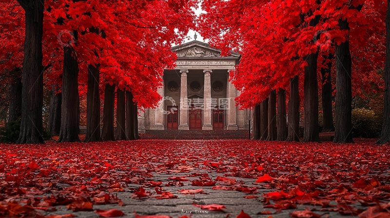 高清大图下载【趣麦麦图】红叶树林古典建筑