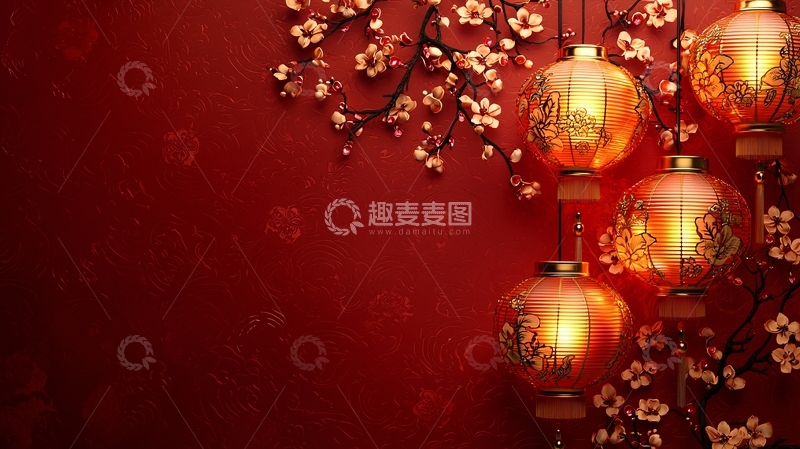 高清大图下载【趣麦麦图】红灯笼梅花新年背景