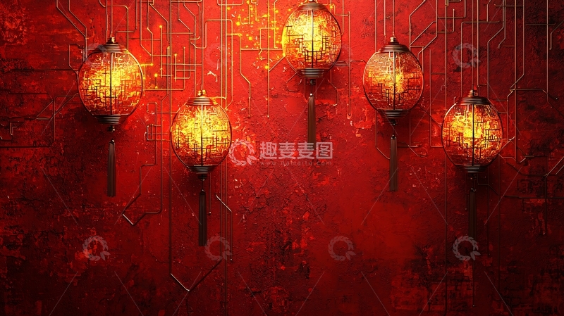 高清大图下载【趣麦麦图】红墙上悬挂的火球灯笼