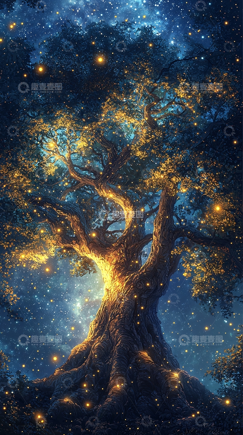 高清大图下载【趣麦麦图】星空下的发光古树