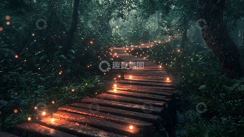 高清大图下载【趣麦麦图】雨夜森林木栈道