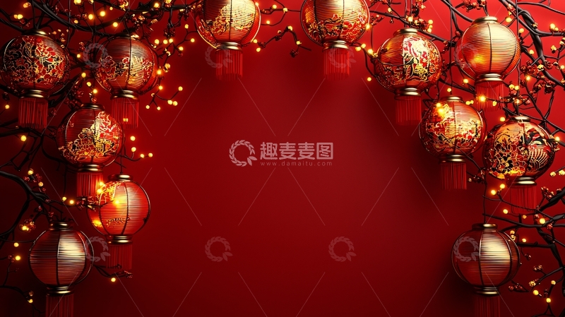 高清大图下载【趣麦麦图】红色背景灯笼新年