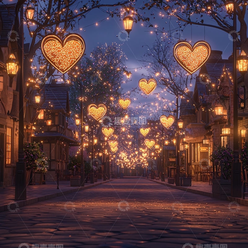 高清大图下载【趣麦麦图】夜晚小镇街道心形灯饰