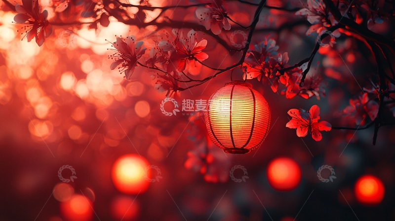 高清大图下载【趣麦麦图】红灯笼与盛开的红花