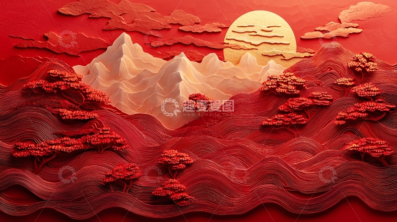 高清大图下载【趣麦麦图】红色剪纸山水画