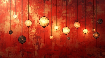 红墙上悬挂的暖色调灯泡