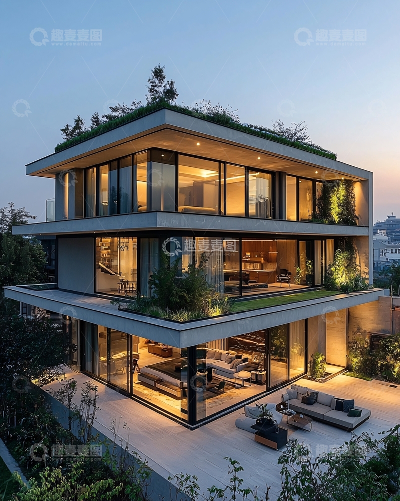 高清大图下载【趣麦麦图】现代简约别墅夜景