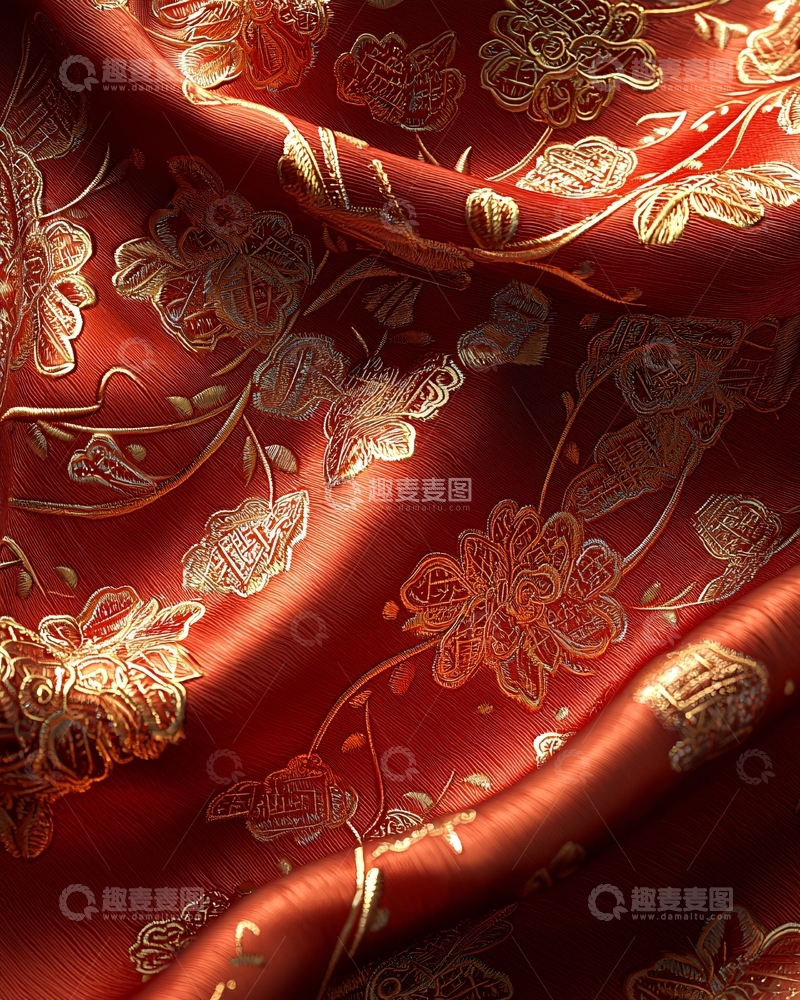 高清大图下载【趣麦麦图】红底金花纹绸缎布料