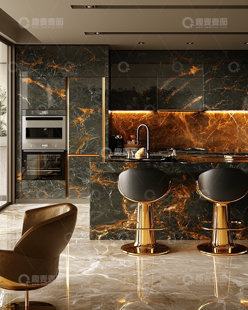 高清大图下载【趣麦麦图】高端黑色大理石厨房