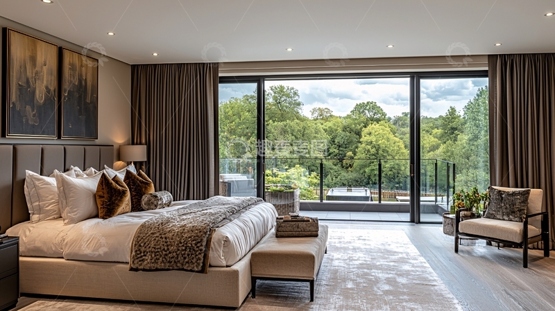 高清大图下载【趣麦麦图】豪华卧室落地窗外绿树成荫