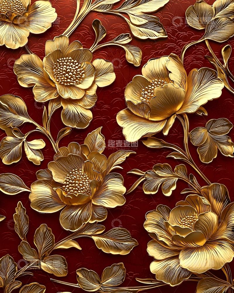 高清大图下载【趣麦麦图】金色浮雕花卉纹理